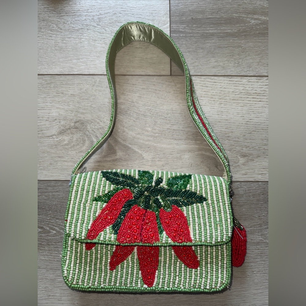 Green Beaded Chili Pepper Shoulder Bag